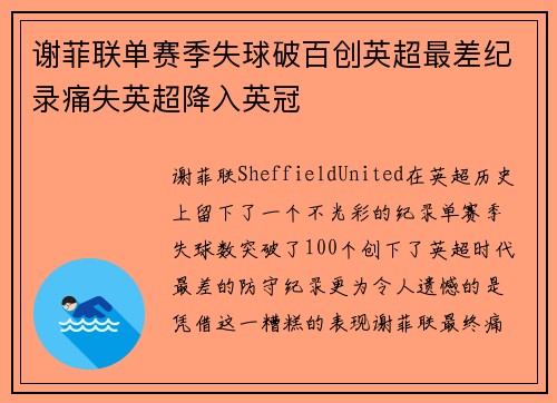 谢菲联单赛季失球破百创英超最差纪录痛失英超降入英冠 谢菲联单赛季失球破百创英超最差纪录痛失英超降入英冠