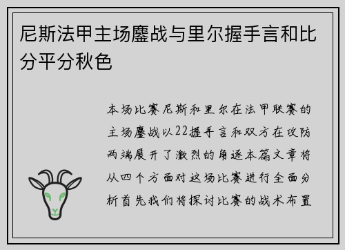 尼斯法甲主场鏖战与里尔握手言和比分平分秋色 尼斯法甲主场鏖战与里尔握手言和比分平分秋色